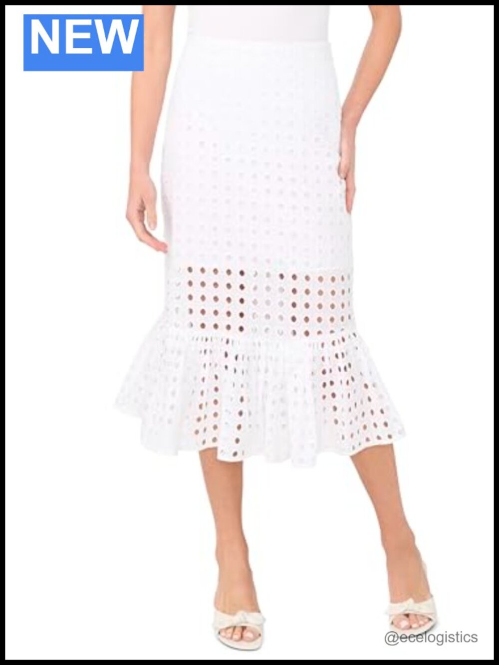 CeCe Women's Eyelet Ruffle Tier Midi Skirt High Rise Cotton